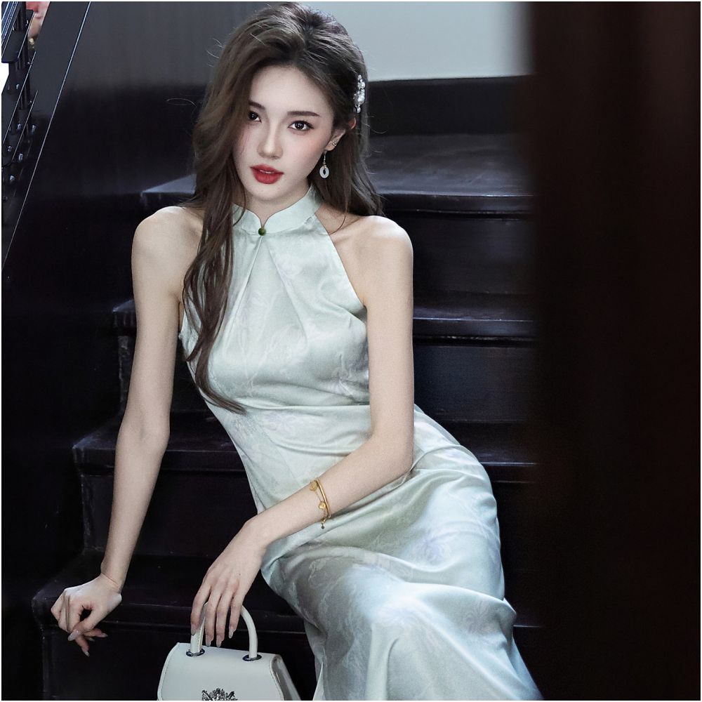 cheongsam evening dress Celadon Halter Midi Qipao COLLECTIONS length hem for elegance 40 black dress outfit Color:Gesture Red/Pink