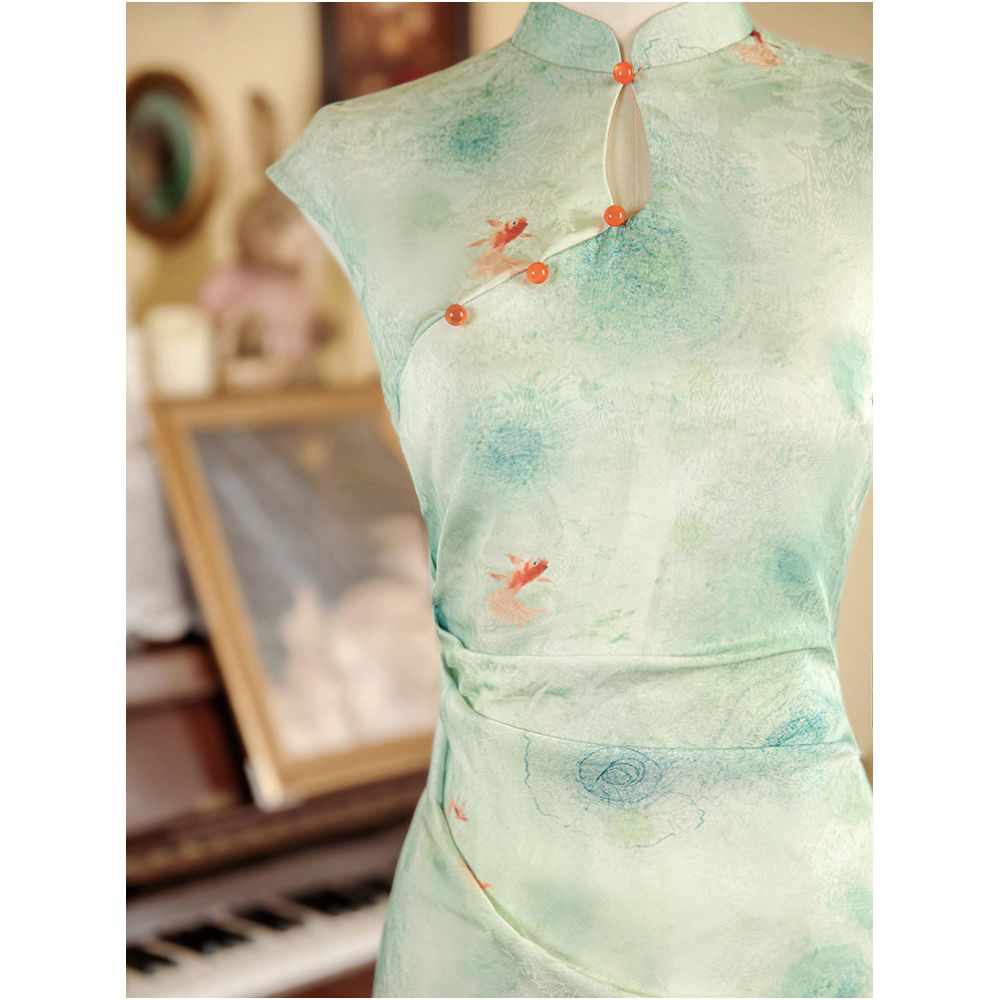 Green cheongsam 2026 new style improved youthful style new Chinese style dress summer elegant ancient style raglan sleeves image 2