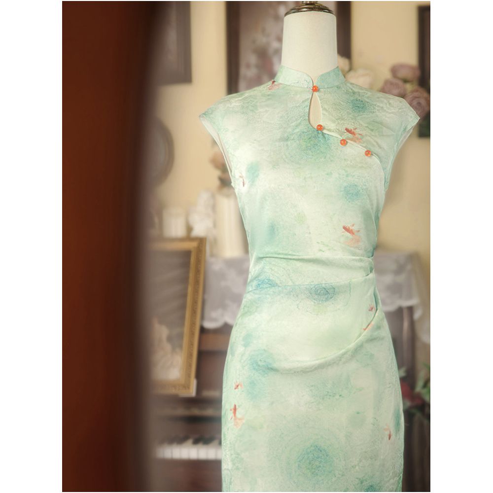 Green cheongsam 2026 new style improved youthful style new Chinese style dress summer elegant ancient style raglan sleeves image 3