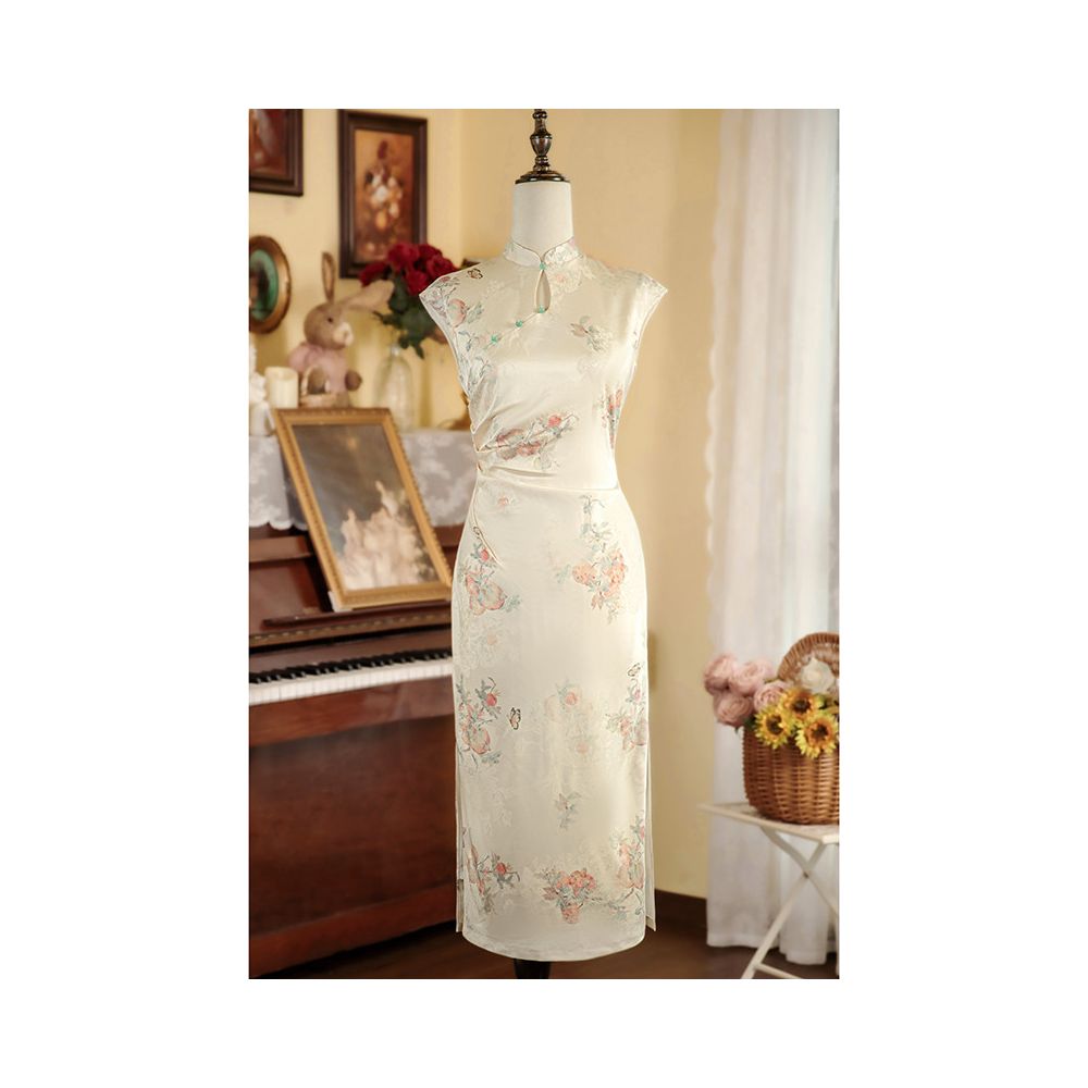 Sage Green Botanical Midi Qipao Dress | Neo-Chinese Cheongsam, Modern Summer Dress, Elegant Daily Wear