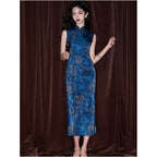 Republic of China style blue cheongsam for mothers modernized spring style 2026 new retro plus size exquisitely beautiful navy blue image 3