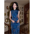 Republic of China style blue cheongsam for mothers modernized spring style 2026 new retro plus size exquisitely beautiful navy blue image 5