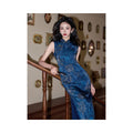 Midnight Blue Floral Sleeveless Qipao Dress | Neo-Chinese Cheongsam, Modern Evening Dress, Elegant Event Wear, Botanical Motif