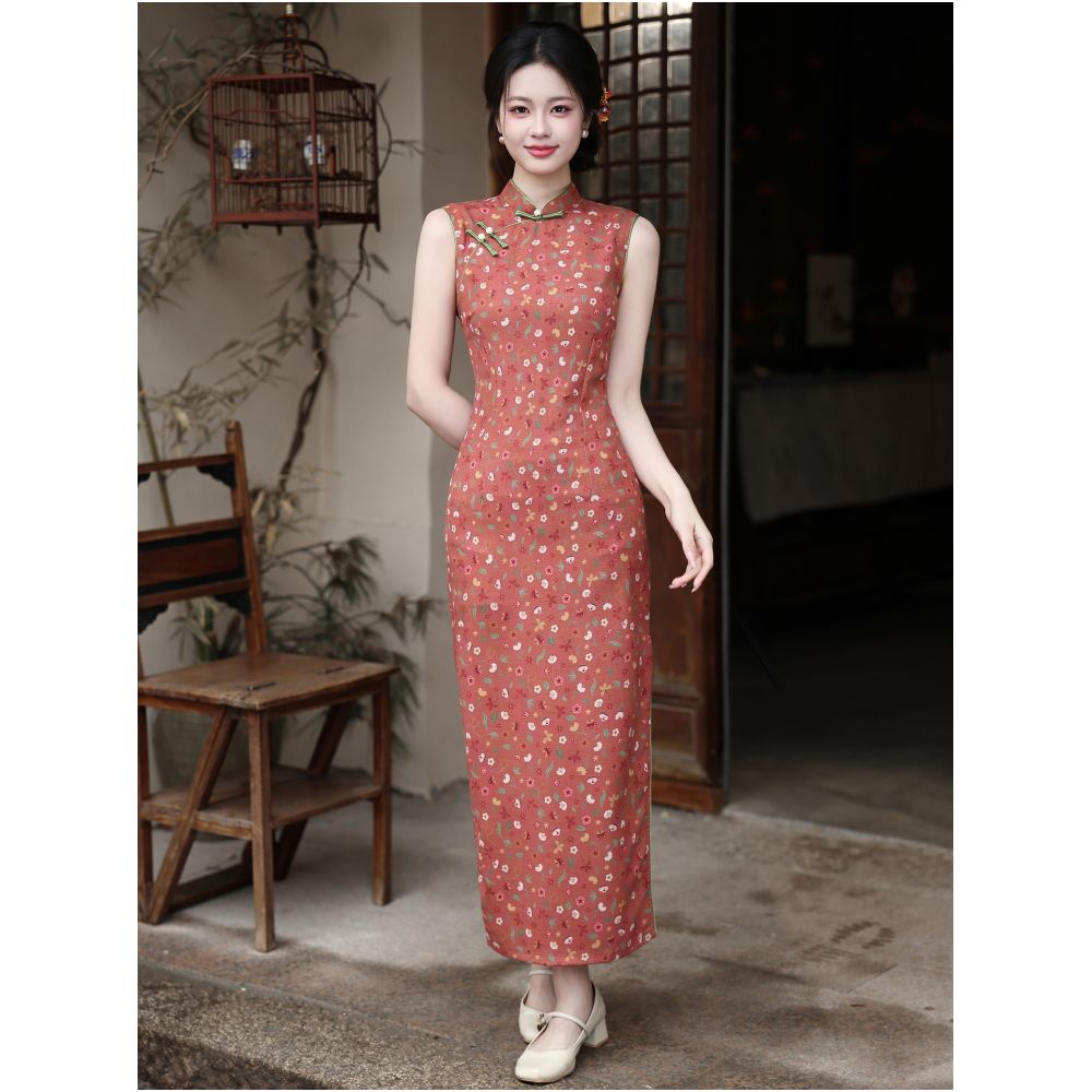 Ru Yun New Chinese Style Exquisitely Beautiful Floral Sleeveless Tencel Linen Cheongsam for Summer Everyday Wear Fitted Waist image 4