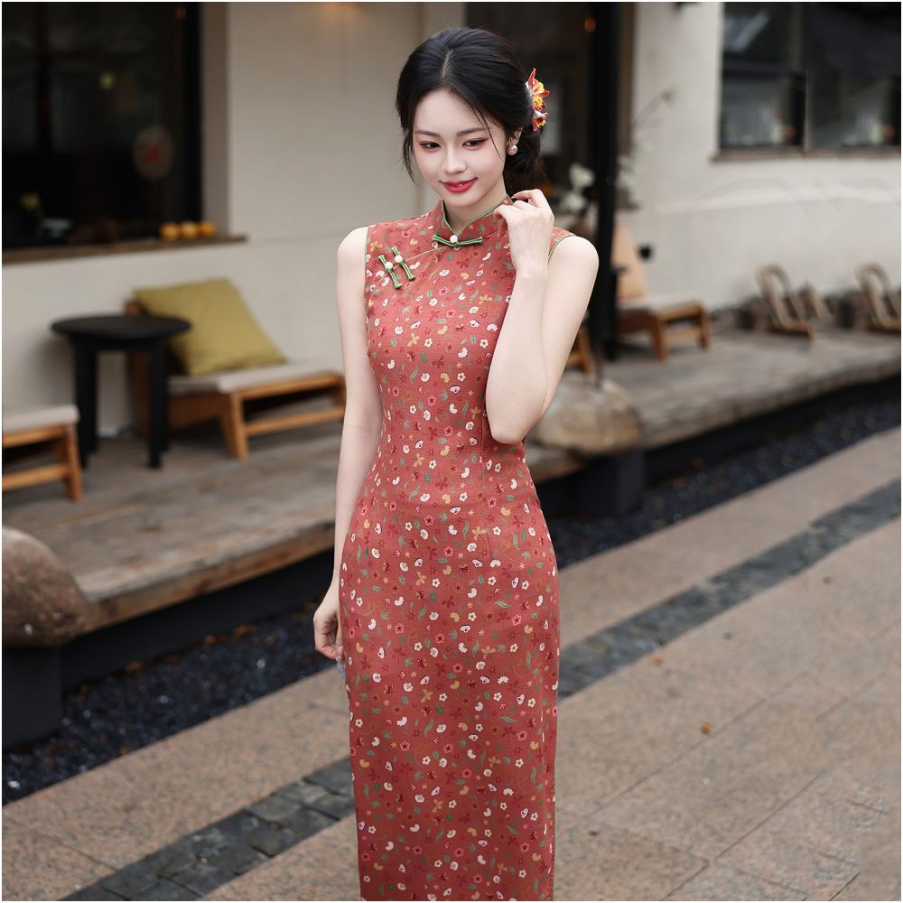 Coral Floral Sleeveless Qipao Dress | Neo-Chinese Cheongsam, Modern Summer Dress, Elegant Daily & Evening Wear, Floral Print