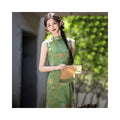 Moss Green Floral Sleeveless Midi Qipao Dress | Neo-Chinese Cheongsam, Modern Botanical Dress, Elegant Evening & Daily Wear