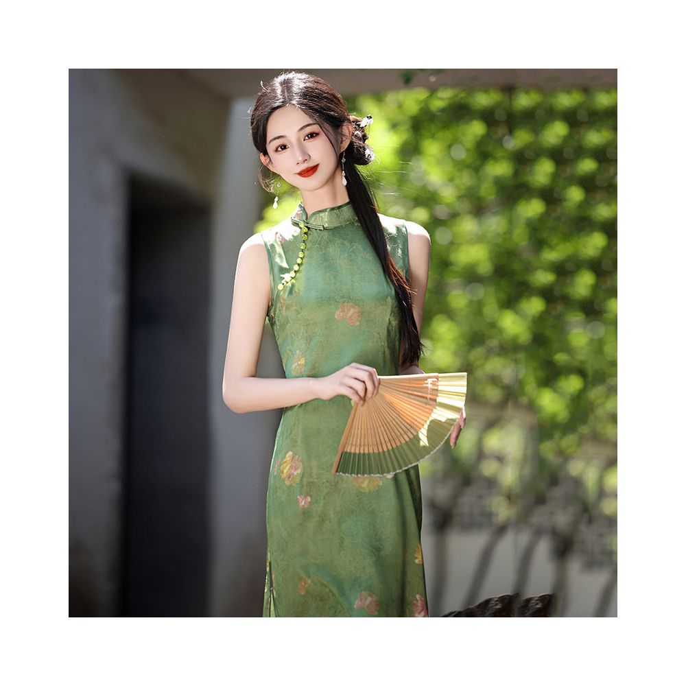 Moss Green Floral Sleeveless Midi Qipao Dress | Neo-Chinese Cheongsam, Modern Botanical Dress, Elegant Evening & Daily Wear