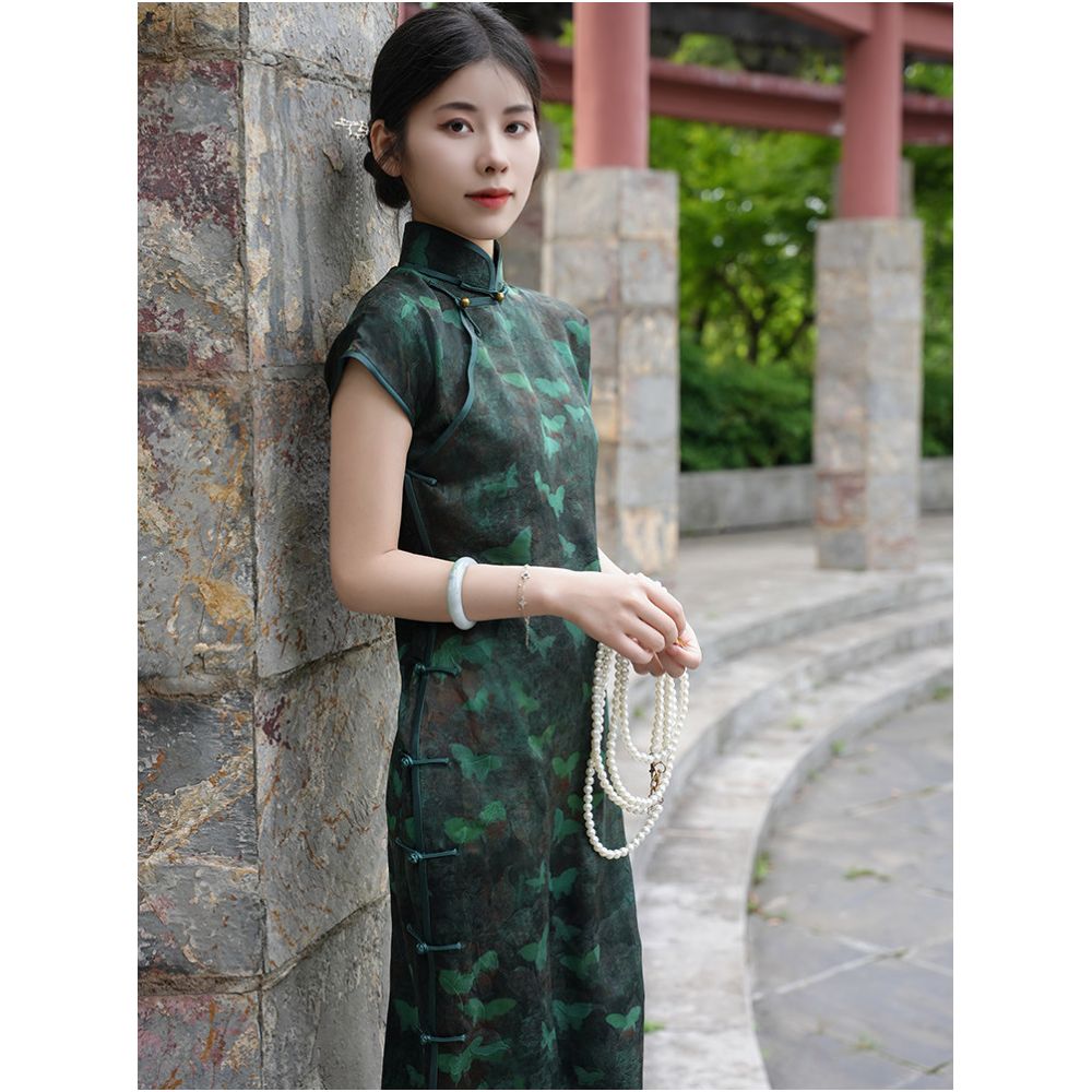 Butterfly Whisper Exquisite Satin Original Mulberry Silk Butterfly Cheongsam Gauze Short Sleeve Breathable Slimming Style image 2