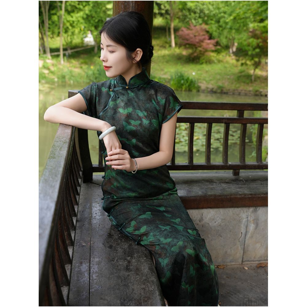 Butterfly Whisper Exquisite Satin Original Mulberry Silk Butterfly Cheongsam Gauze Short Sleeve Breathable Slimming Style image 3