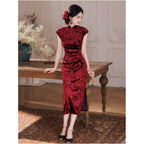 Ru Yun Night Banquet in Blossoms Short sleeved Youthful Velvet Embroidered Wine Red Cheongsam 2026 Summer Everyday Slimming Women s Style image 5