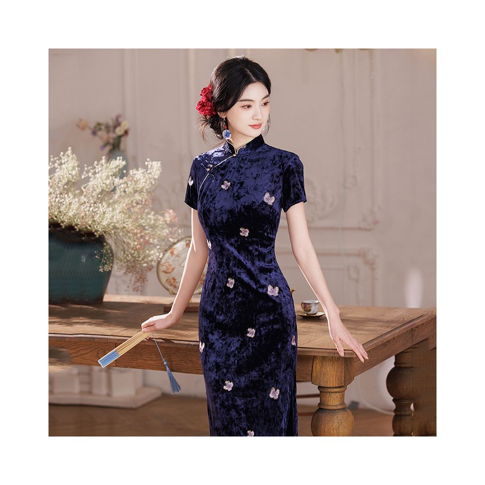 Crimson Velvet Embroidered Qipao Dress | Neo-Chinese Cheongsam, Elegant Evening Wear, Wedding Guest Dress, Velvet