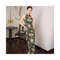 Olive Floral Halter Midi Qipao Dress | Neo-Chinese Cheongsam, Modern Evening Dress, Sleeveless Halter, Elegant Daily Wear
