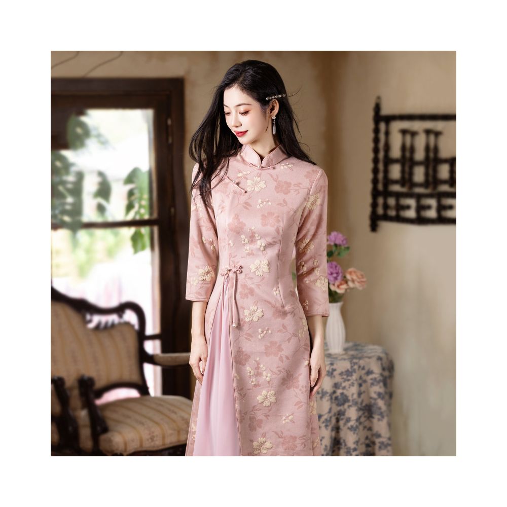 Blush Floral Embroidered Layered Midi Qipao Dress | Neo-Chinese Cheongsam, Elegant Evening Dress, Garden Party, Cultural Events