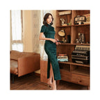 Emerald Floral Jacquard Midi Qipao Dress | Neo-Chinese Cheongsam, Modern Evening Wear, Elegant Daily Wear