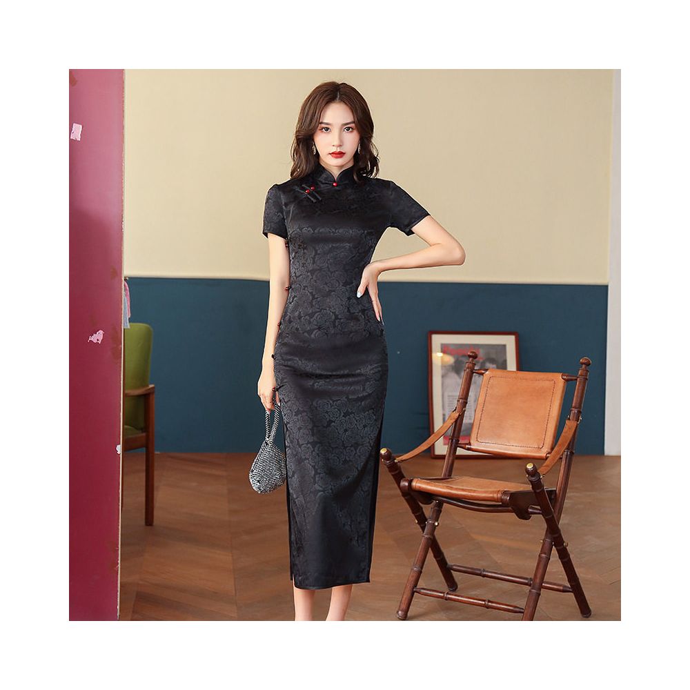 Emerald Floral Jacquard Midi Qipao Dress | Neo-Chinese Cheongsam, Modern Evening Wear, Elegant Daily Wear