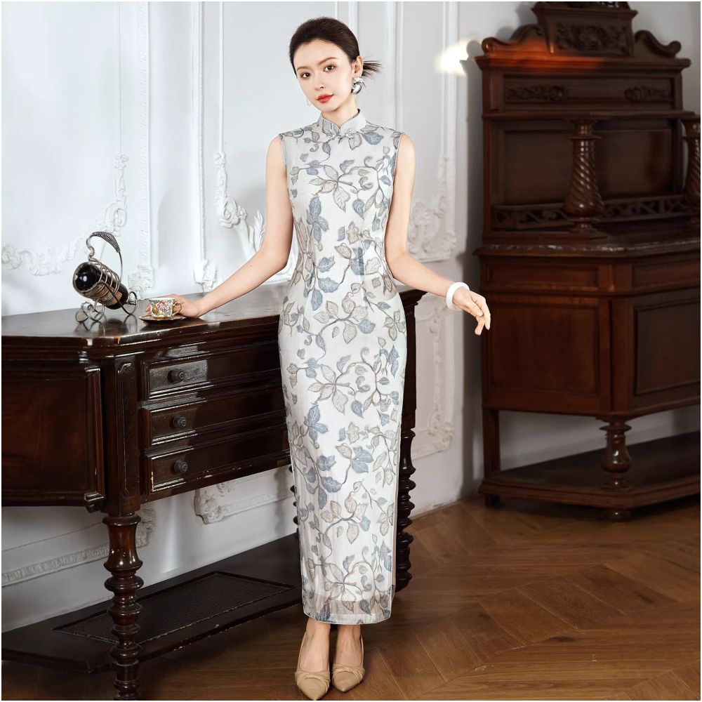 Ivory Botanical Sleeveless Qipao Dress | Neo-Chinese Cheongsam, Modern Evening Dress, Elegant Daily Wear, Botanical Embroidery