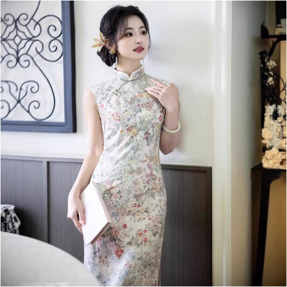 2026 Spring Summer New Style Cheongsam Imitation Silk Long Sleeveless Floral Print Cheongsam Fresh and Slimming Girlish Cheongsam image 1