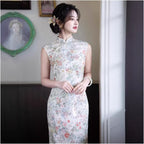 2026 Spring Summer New Style Cheongsam Imitation Silk Long Sleeveless Floral Print Cheongsam Fresh and Slimming Girlish Cheongsam image 4
