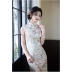 Ivory Botanical Sleeveless Midi Qipao Dress | Neo-Chinese Cheongsam, Elegant Daily & Garden Party Wear, Floral Print