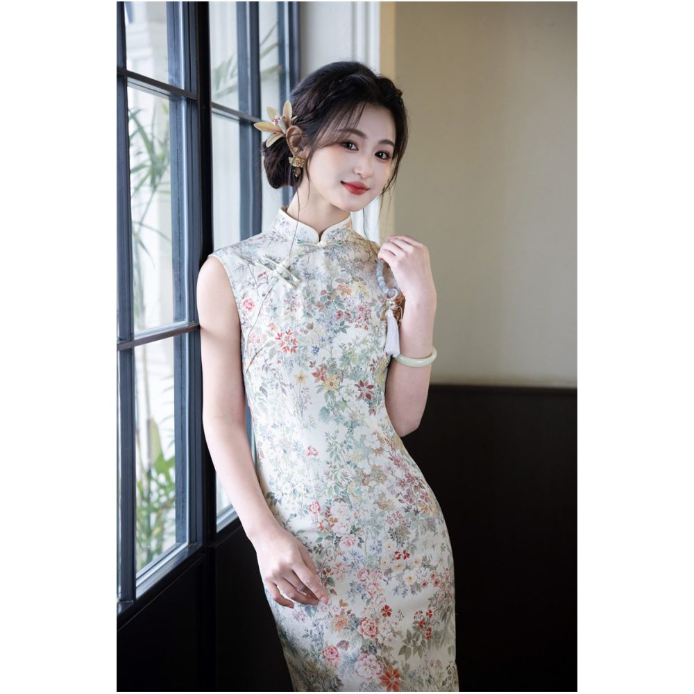 Ivory Botanical Sleeveless Midi Qipao Dress | Neo-Chinese Cheongsam, Elegant Daily & Garden Party Wear, Floral Print