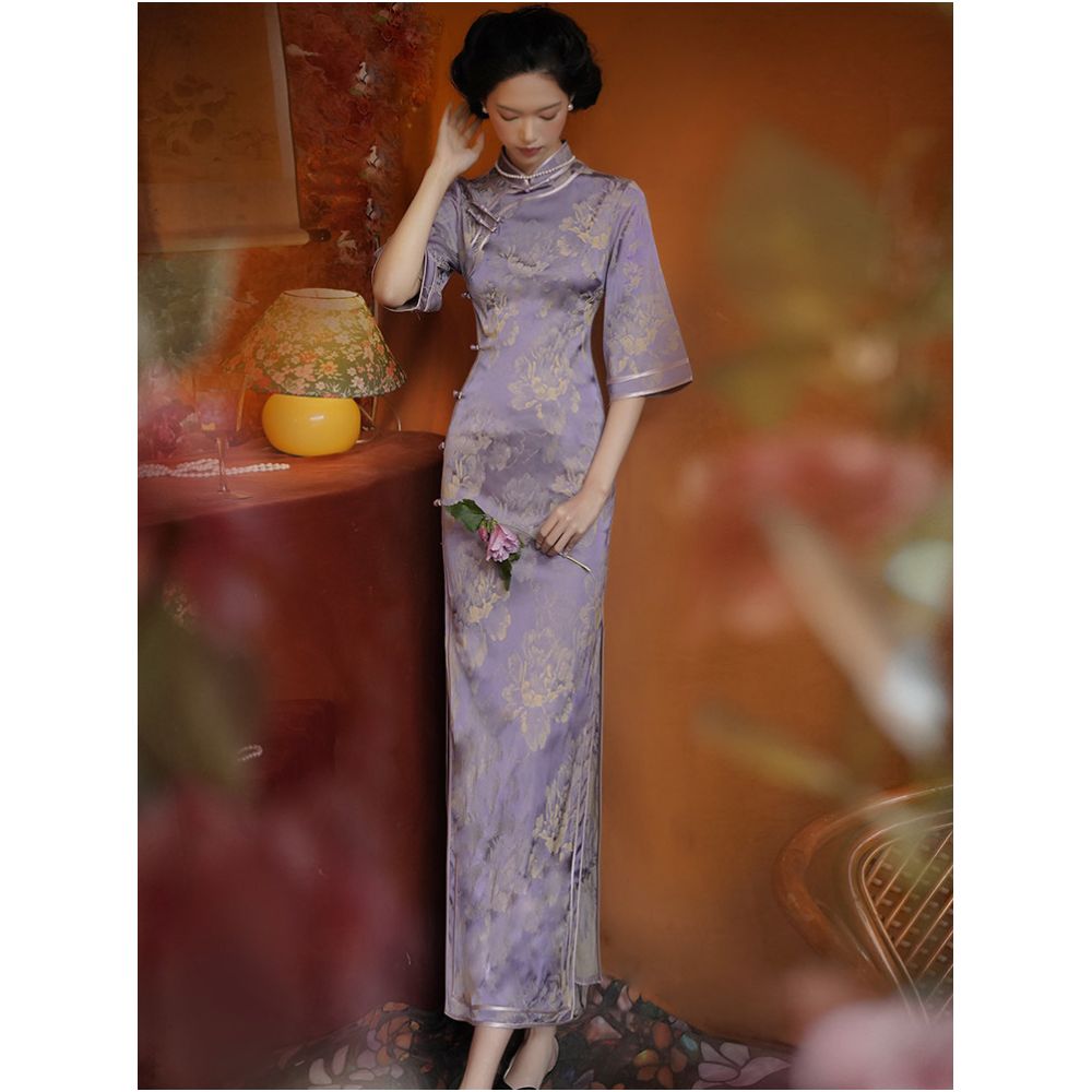 Purple retro cheongsam 2025 new style high end elegant youthful sophisticated everyday long dress image 2