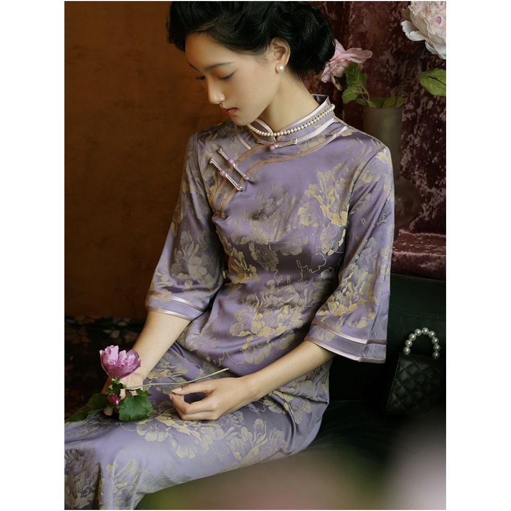 Purple retro cheongsam 2025 new style high end elegant youthful sophisticated everyday long dress image 3