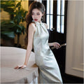 New Chinese style sleeveless halter neck cheongsam for women spring summer style light green slim fit elegant dress suitable for everyday wear image 2