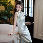 New Chinese style sleeveless halter neck cheongsam for women spring summer style light green slim fit elegant dress suitable for everyday wear image 2