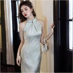 New Chinese style sleeveless halter neck cheongsam for women spring summer style light green slim fit elegant dress suitable for everyday wear image 3