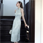 New Chinese style sleeveless halter neck cheongsam for women spring summer style light green slim fit elegant dress suitable for everyday wear image 4