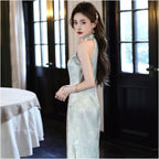 New Chinese style sleeveless halter neck cheongsam for women spring summer style light green slim fit elegant dress suitable for everyday wear image 5