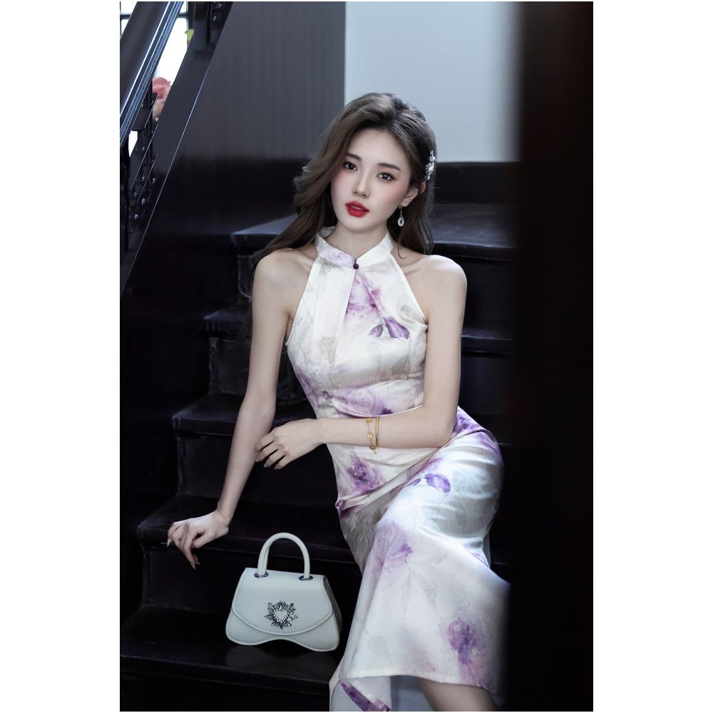 Celadon Halter Midi Qipao Dress | Neo-Chinese Cheongsam, Minimalist Evening Dress, Modern Event Wear