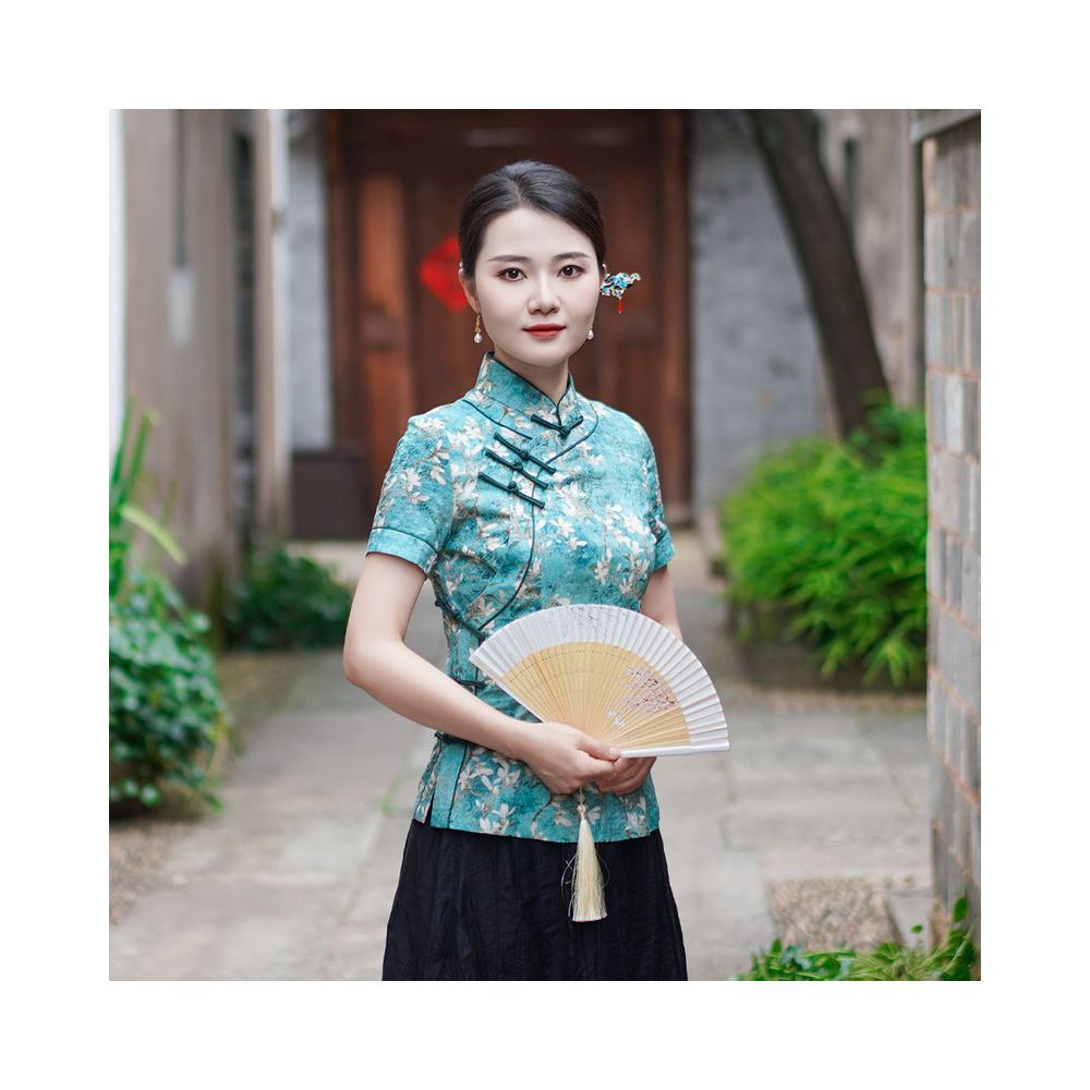 Jade Floral Frog-Button Blouse | Neo-Chinese Top, Mandarin Collar, Modern Daily Wear, Botanical Print