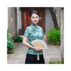Jade Floral Frog-Button Blouse | Neo-Chinese Top, Mandarin Collar, Modern Daily Wear, Botanical Print