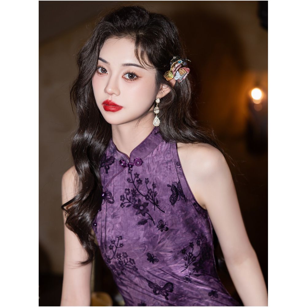 New Chinese Style Elegance A youthful and sophisticated summer everyday purple cheongsam dress with high elasticity and lightweight fabric image 4