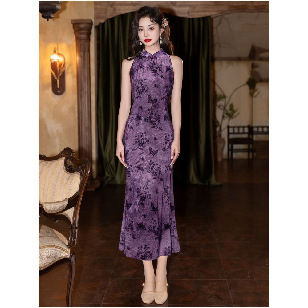 New Chinese Style Elegance A youthful and sophisticated summer everyday purple cheongsam dress with high elasticity and lightweight fabric image 5
