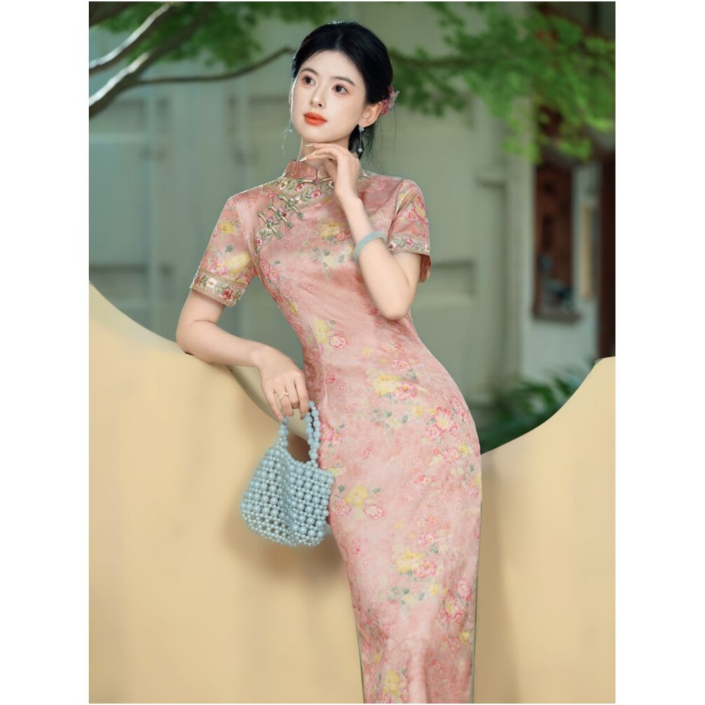Pink cheongsam dress long style suitable for middle aged mothers 2026 new style new Chinese style youthful style pink modified pink image 2