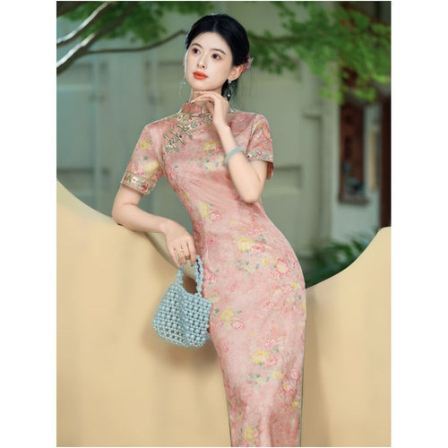 Pink cheongsam dress long style suitable for middle aged mothers 2026 new style new Chinese style youthful style pink modified pink image 2
