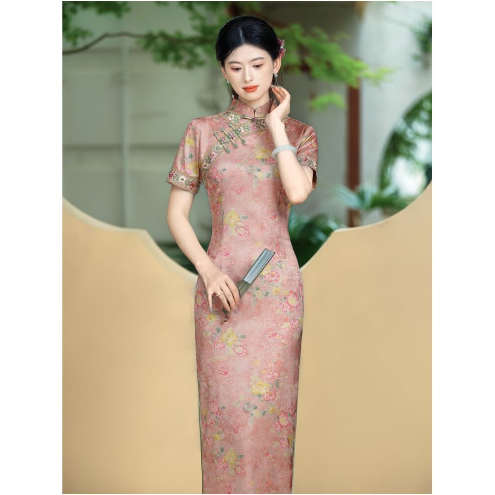 Pink cheongsam dress long style suitable for middle aged mothers 2026 new style new Chinese style youthful style pink modified pink image 3