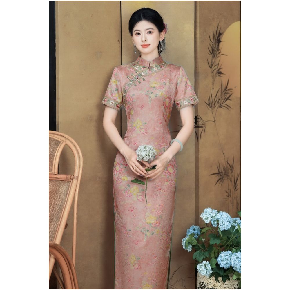 Blush Floral Frog-Button Qipao Dress | Neo-Chinese Cheongsam, Elegant Evening Dress, Garden Party, Wedding Guest