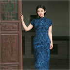 Midnight Blue Floral Qipao Dress | Neo-Chinese Cheongsam, Modern Evening Dress, Elegant Daily Wear, Cap-Sleeve