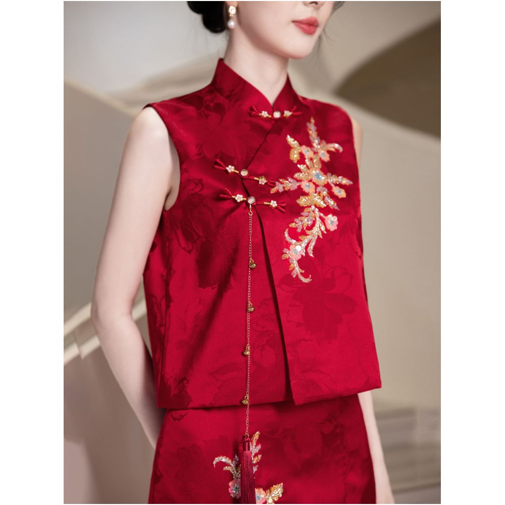 New Chinese style toasting dress for brides 2026 new embroidered cheongsam wedding dress Xiuhe dress engagement dress set image 2