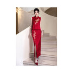 Red Floral Embroidered Two-Piece Cheongsam Set | Neo-Chinese Qipao, Modern Bridal Dress, Wedding & Engagement Wear