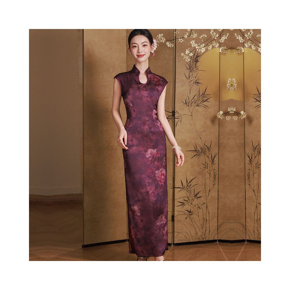 Plum Floral Sleeveless Maxi Qipao Dress | Neo-Chinese Cheongsam, Modern Evening Wear, Elegant Event Wear