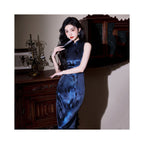 Midnight Blue Butterfly Sleeveless Midi Qipao Dress | Neo-Chinese Cheongsam, Modern Evening Wear, Elegant Daily Wear