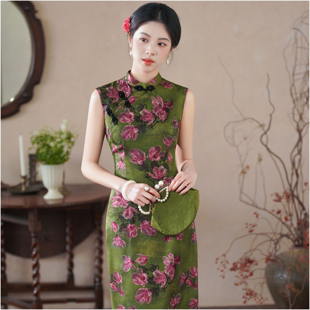 Retro style green modern Chinese style modified cheongsam spring summer sleeveless Chinese style high end temperament dress for women s daily wear image 2