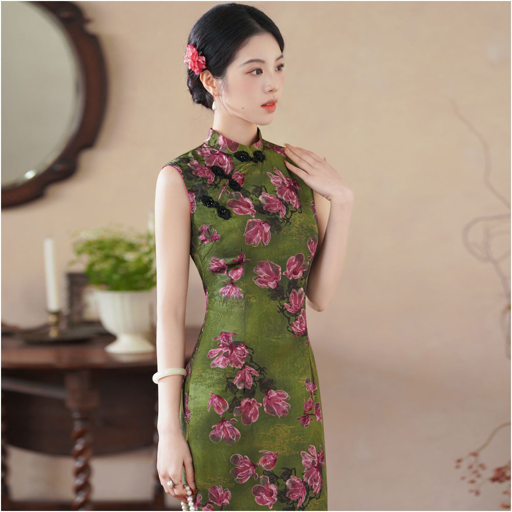Retro style green modern Chinese style modified cheongsam spring summer sleeveless Chinese style high end temperament dress for women s daily wear image 5