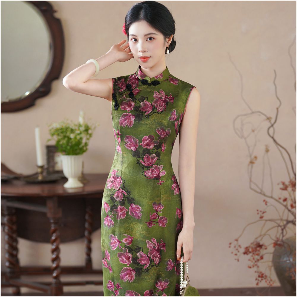 Olive Magnolia Floral Midi Qipao Dress | Neo-Chinese Cheongsam, Modern Floral Evening Dress, Elegant Daily Wear