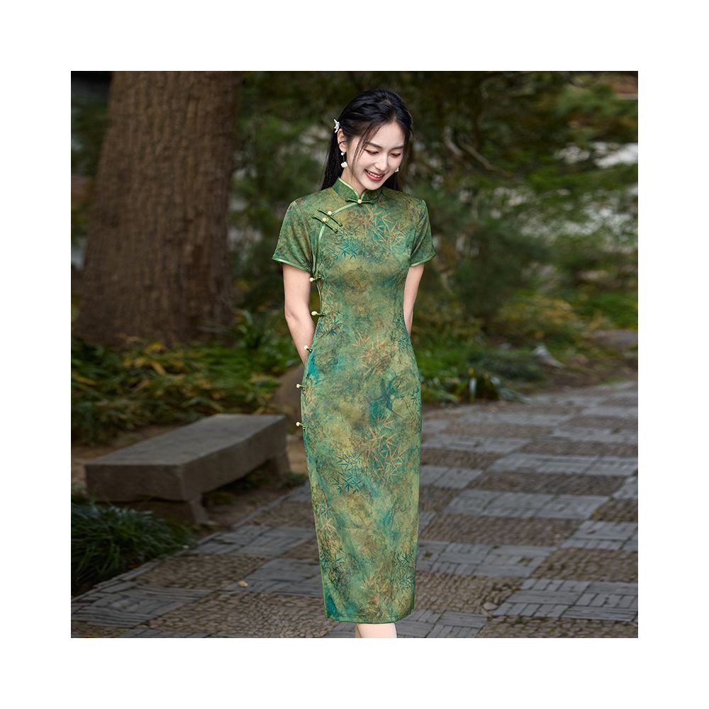 Mandarin Orange Floral Midi Qipao Dress | Neo-Chinese Cheongsam, Elegant Evening Wear, Cultural Events, Modern Traditional