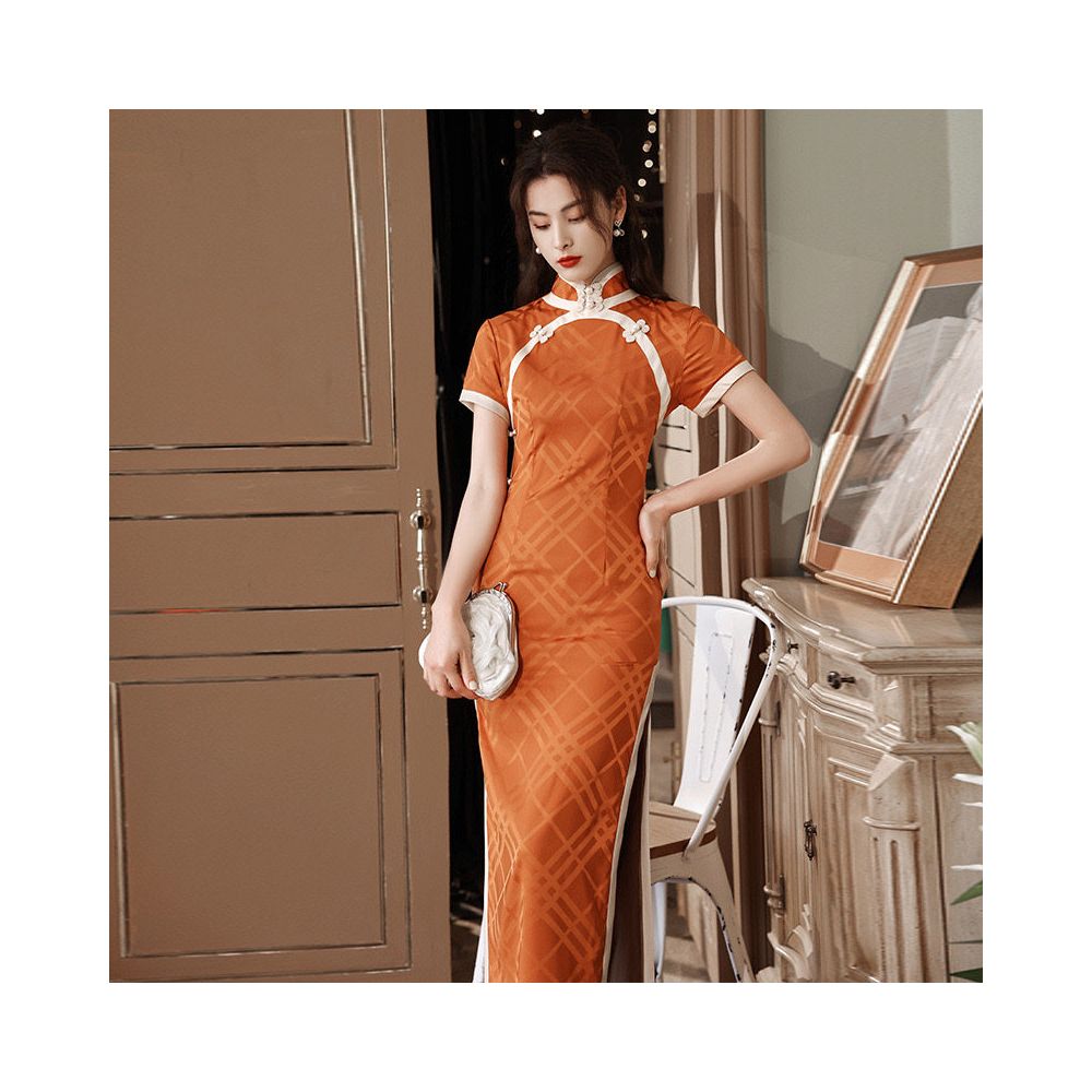Mandarin Orange Floral Midi Qipao Dress | Neo-Chinese Cheongsam, Elegant Evening Wear, Cultural Events, Modern Traditional